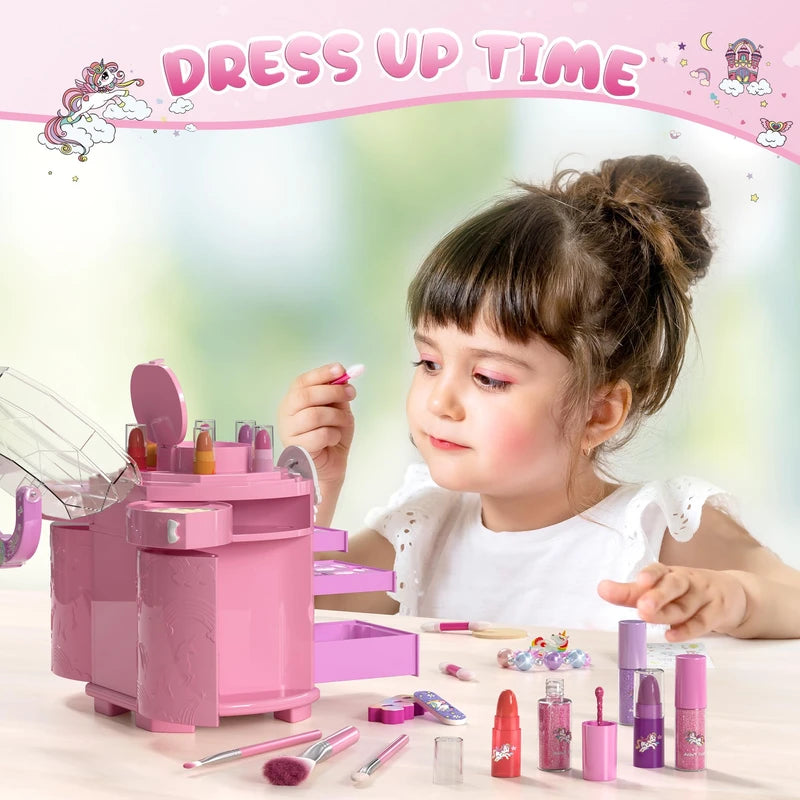 PERRYHOME Kids Makeup Set for Girl 63 Pcs Unicorn Toys for Girls, Real Washable Non-Toxic Cosmetic Toddler Make Up Kit, Unicorn Toys Princess Dress up Christmas & Birthday Girl Gifts for 3-12(Pink)