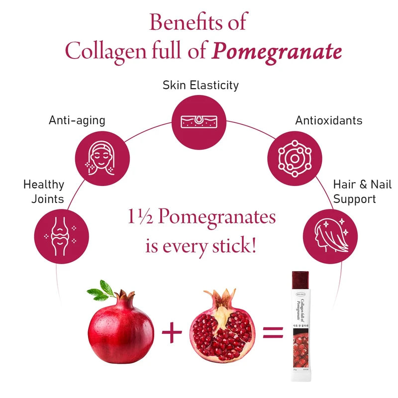 WELLINUS Pomegranate Full of Collagen, Jelly Stick, Marine Collagen, Fast Absorbing, Snack, Ultra-Low Weight Molecular Marine Collagen, HACCP Certified, 22.05 oz/Pack of 25