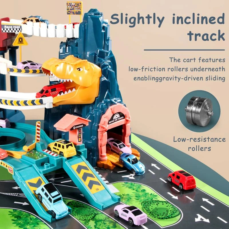 Dinosaur Hill Toy Car Ramp Track Playset with 4 Mini Racer Cars, Colorful Climbing Hills, and Railcar Track - Perfect Construction Gift for Preschool Kids Ages 3 and Up - Color: Dinosaur Rail Car Green