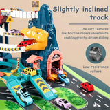 Dinosaur Hill Toy Car Ramp Track Playset with 4 Mini Racer Cars, Colorful Climbing Hills, and Railcar Track - Perfect Construction Gift for Preschool Kids Ages 3 and Up - Color: Dinosaur Rail Car Green