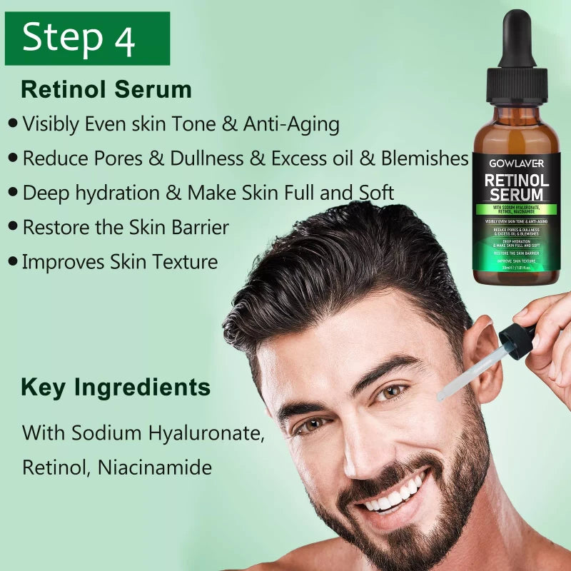 GOWLAVER All In One Men's Skin Care Set Facial Cleanser Toner Scrub Serum Moisturizer