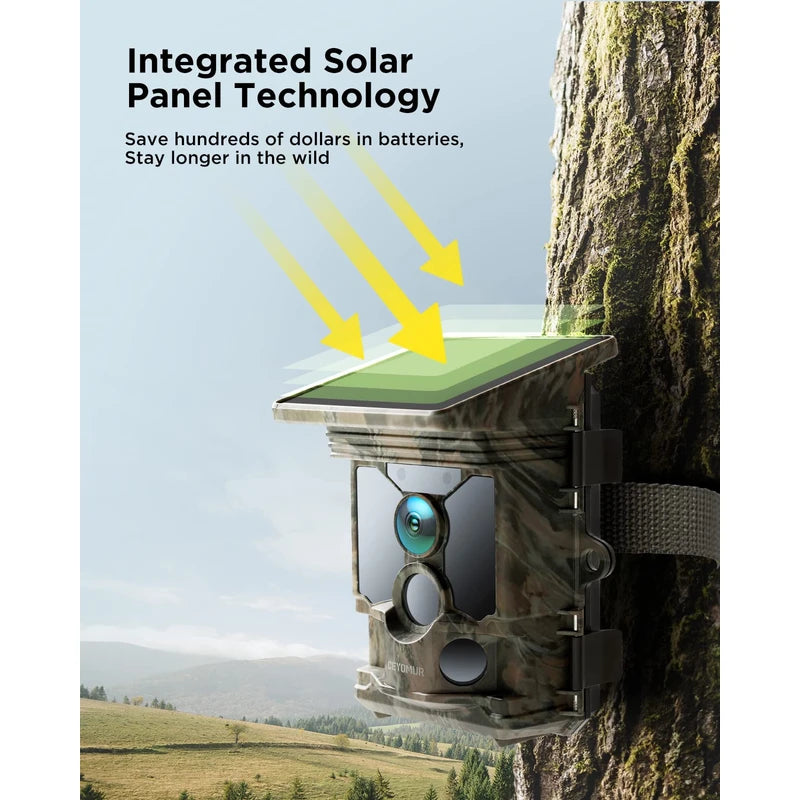 CEYOMUR 4K 30fps Solar Trail Camera, 46MP WiFi Trail Camera with Night Vision 0.1s Trigger Motion Activated, Game Camera with 120° Detection IP66 Waterproof for Wildlife Scouting with 32GB SD Card