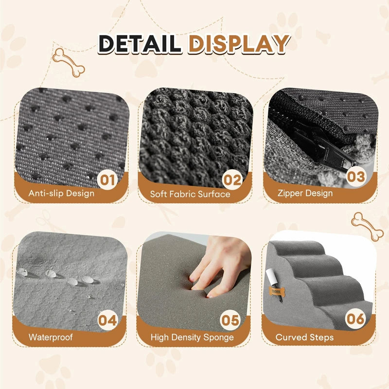 Dog Stairs, Romrol Dog Steps Ramp for High Bed and Couch, Dog Ramp with Durable Non-Slip Waterproof Fabric Cover, Pet Stairs for Small Dogs and Cats or Pets Joints, 4-Tiers,Grey