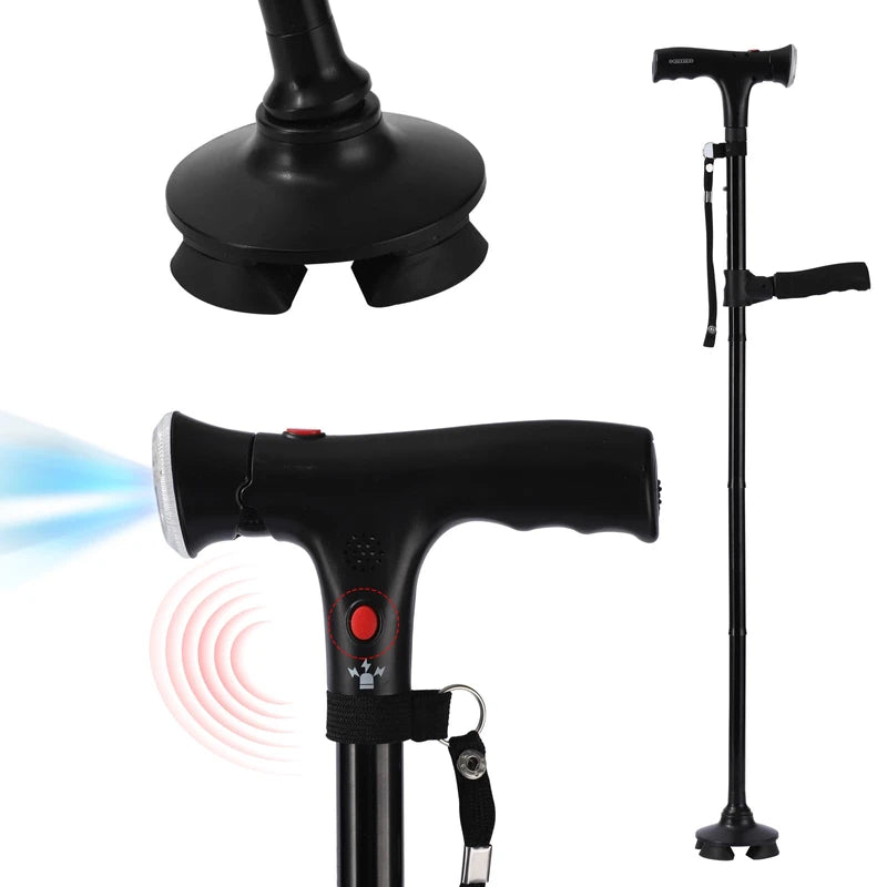 Folding Cane With Led Light And Alarm, With Side Handle, Folding, Adjustable Cane Suitable For Arthritis Disabled And Elderly, Cane With Cushioned T Handle And Swivel Four Pedestal, WalkingCanes,Black