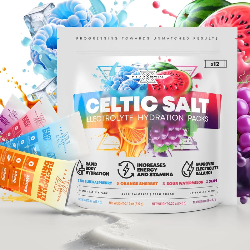 Peak Revival-X Electrolytes Powder Packets - Celtic Salt Electrolyte Drink Mix for Rapid Hydration - Non-GMO, Vegan Friendly, Gluten Free & Sugar Free Electrolytes Powder - Variety Pack (12 Packets)
