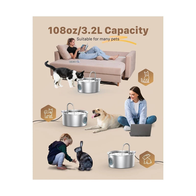 FOFNON Cat Water Fountain Stainless Steel - Dog Automatic Waterer Bowl - Auto Pet Di...