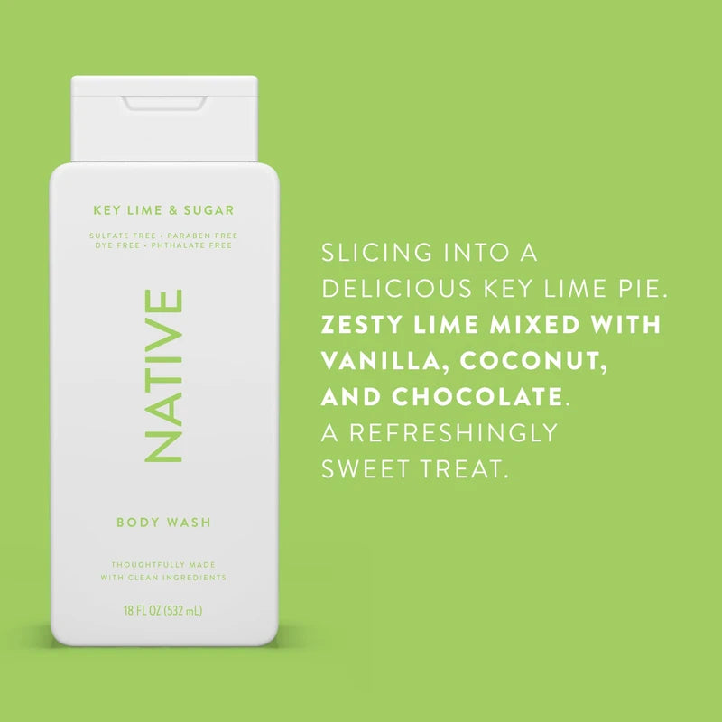 Native Body Wash Contains Naturally Derived Ingredients | For Women & Men, Sulfate, Paraben, & Dye Free Leaving Skin Soft and Hydrating |Key Lime & Sugar 18 oz - 2 Pk