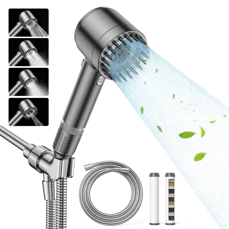 JOMST Filtered Shower Head with Handheld,High Pressure Shower Head 4 Spray Modes,Shower Head with ON/OFF Switch for Pets,Built-in Power Wash to Clean Tub,Shower Heads Combo with Stainless Steel Hose