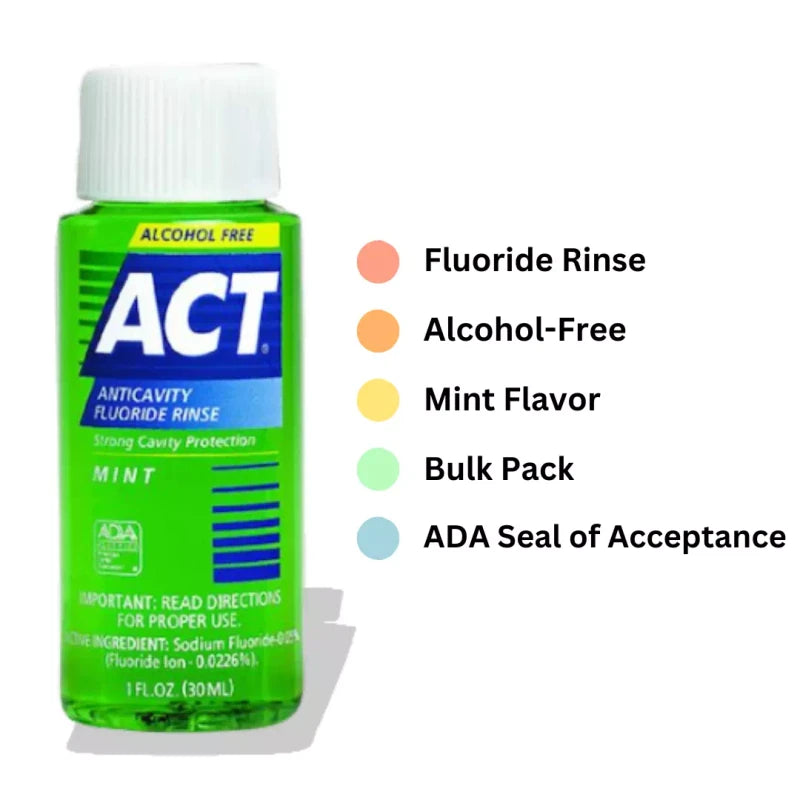 ACT 24 Lot ACT Fluoride Rinse Travel Size Bulk Mouthwash, Mint Flavor - Alcohol Free