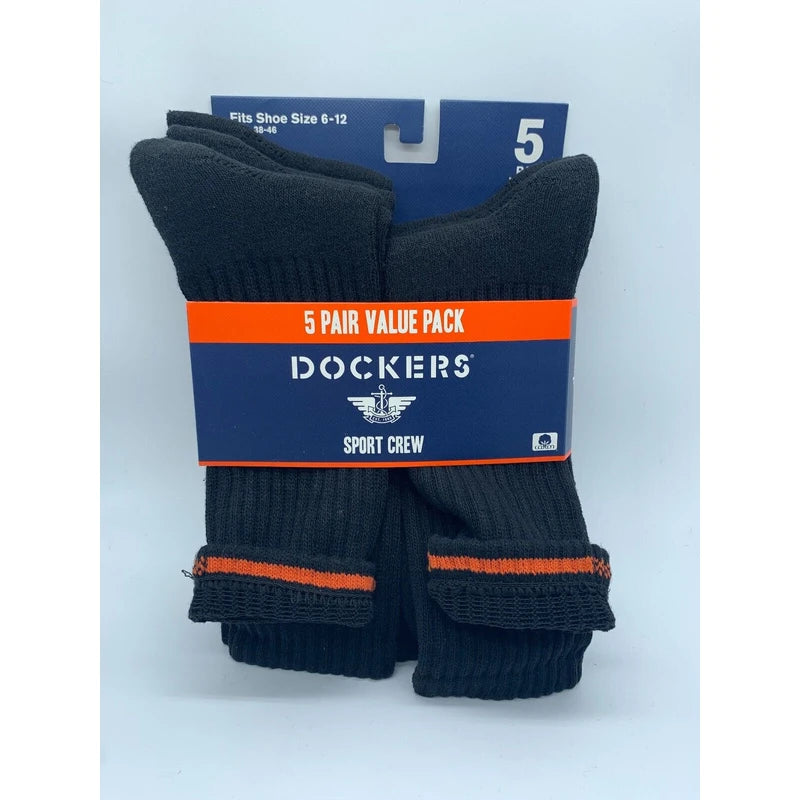 DOCKERS NEW 5 PAIR PACK DOCKERS SMART 360 FLEX MENS SPORT CREW SOCKS BLACK SIZE 6-12