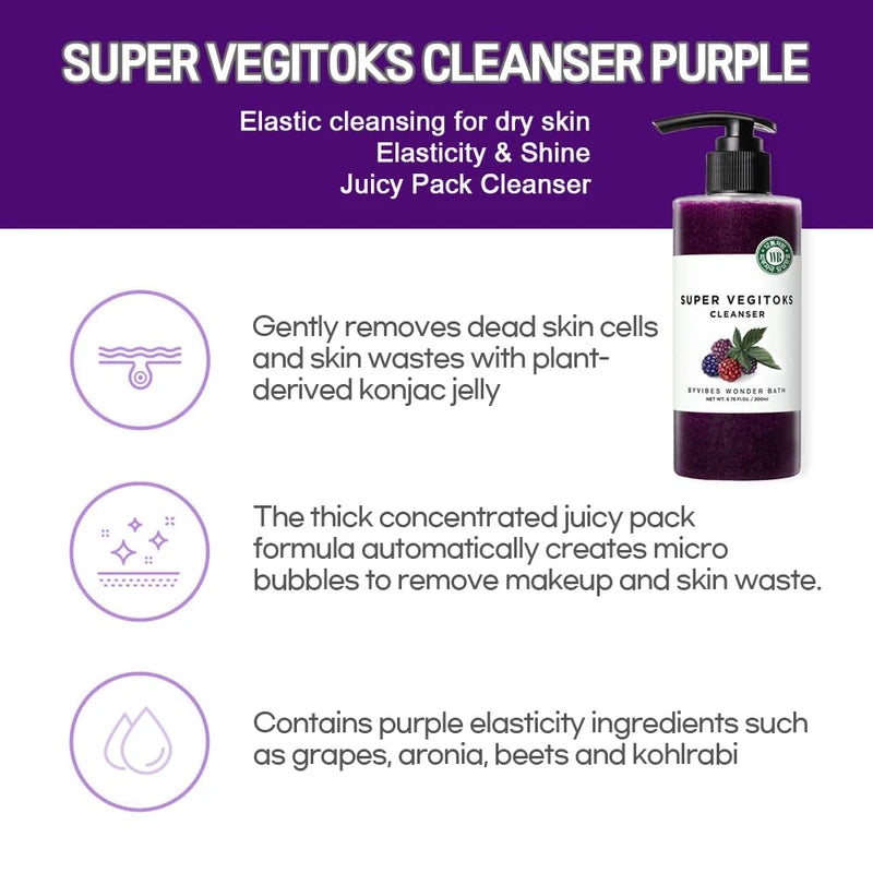 WONDER BATH Super Vegitoks Gel Foam Deep Cleanser for Sensitive Skin [Purple], 10.14Fl.Oz | Makeup Remover, Korean Skincare, Makeup & Dead Skin Removal, Hydrating & Brightening