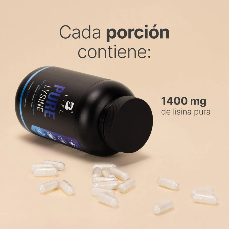 Lisina Pura de 240 cápsulas 14000 mg por porción. Aminoácido esencial. Ingredientes 100% Naturales. Pure Lysine B Life.