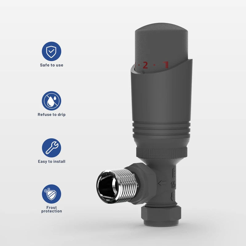 Vancoco Anthracite TRV Angled Thermostatic Radiator & Towel Rail Valve H62 Brass 1/2" x 15mm Radiator Valves Angled TRV & Lockshield for Radiator Central Heating(Anthracite)