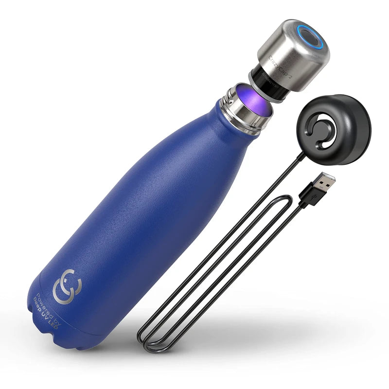 CrazyCap 2.0 UV Water Purifier & Self Cleaning Stainless Steel Insulated Water Bottle - Turns Any Water Source Into Clean Drinkable Water - Perfect for Hiking, Camping, Travel and Survival