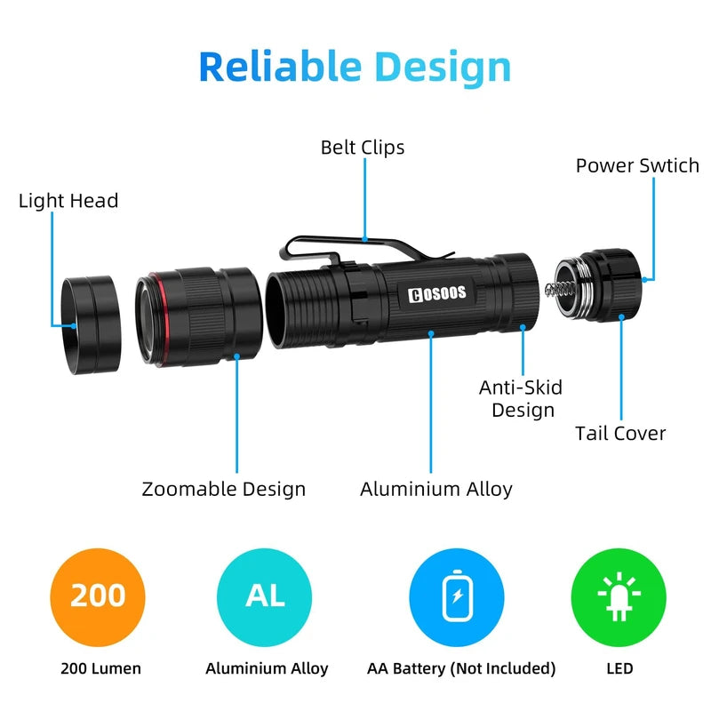 COSOOS 3 Mini LED Tactical Flashlights with Clip, 3.7inch Zoomable Bright AA Flashlight High Lumen, Pocket-Size Penlight, 1 Light Mode, Small Portable Waterproof Pen Flash Light for Camping