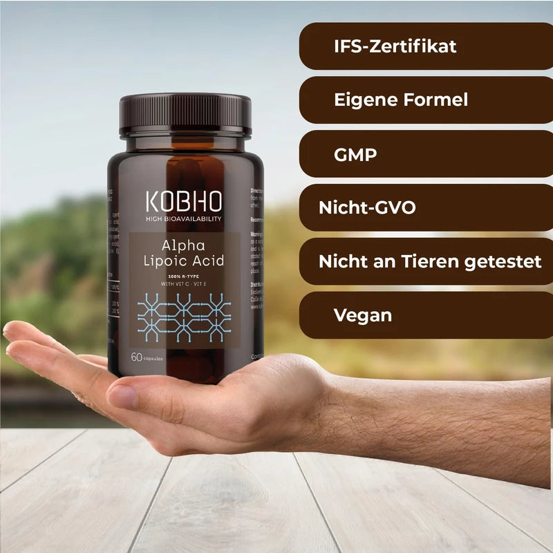 R Alpha-Liponsäure | Starkes Antioxidans mit den Vitaminen C und E | Kontrolliert Cholesterin + Zucker | Appetithemmer | Entzündungshemmend | Maximale Absorption | Für Veganer