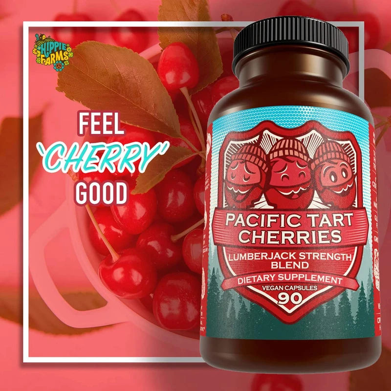 Hippie Farms Tart Cherry Capsules Grown in USA - Lumberjack Strength Blend - Tart Cherry Powder with Bilberry 90 Vegan Pills