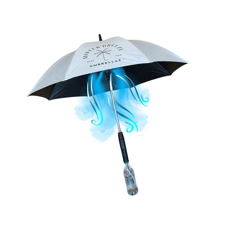 MISTERBREEZE Gray Umbrella with Fan and Mister. A portable misting fan that blocks 99.9% of all UVA and UVB rays. Personal outdoor sun protection at festivals, beach, golf or other sports activities.