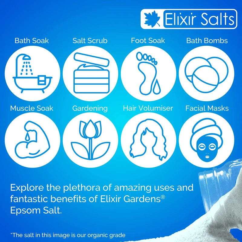 Elixir Gardens Epsom Salt 100% Organic FCC Food Grade Medical Grade Magnesium Sulphate Various Sizes 500g-25kg | Bag 1kg
