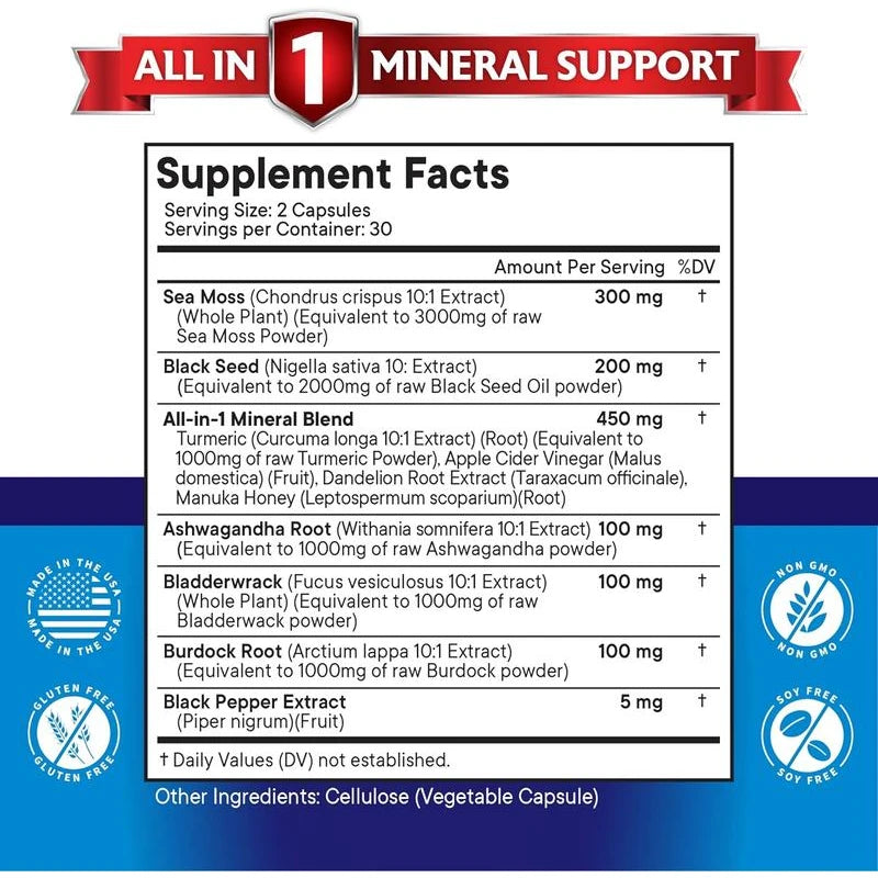 New Age Sea Moss 3000mg Black Seed Oil 2000mg Ashwagandha 1000mg Turmeric 1000mg Bladderwrack 1000mg Burdock 1000mg- with Manuka, Honey Dandelion, ACV Black Pepper Gluten Free Healthcare Supplement Dietary Edible - Size: 5 Bottles