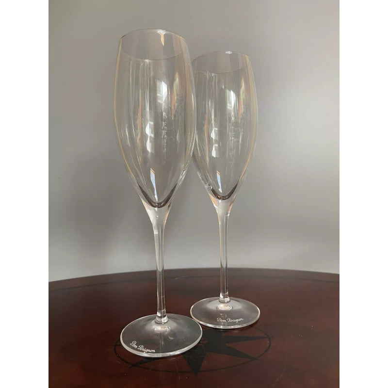 Dom Perignon Signed DOM PERIGNON Crystal Etched SHIELD LOGO 9 1/8" CHAMPAGNE FLUTES Set Of 2
