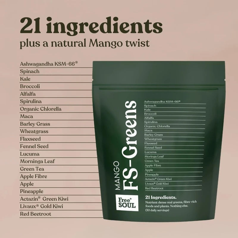 FS-Greens | 21 Advanced Greens, Superfoods, and Adaptogens Including KSM-66® Ashwagandha | Vegan & Gluten-Free | Advanced Formula | UK Made | Free Soul (30 Servings) (Mango)