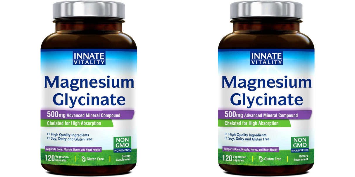 2 Pack Innate Vitality Magnesium Glycinate 500mg | 70mg Elemental Magnesium Supplement- High Absorption, Non Buffered, Non-GMO & No Gluten - Nerve, Muscle, Bone Health - 120 Vegan Capsules Magnesio
