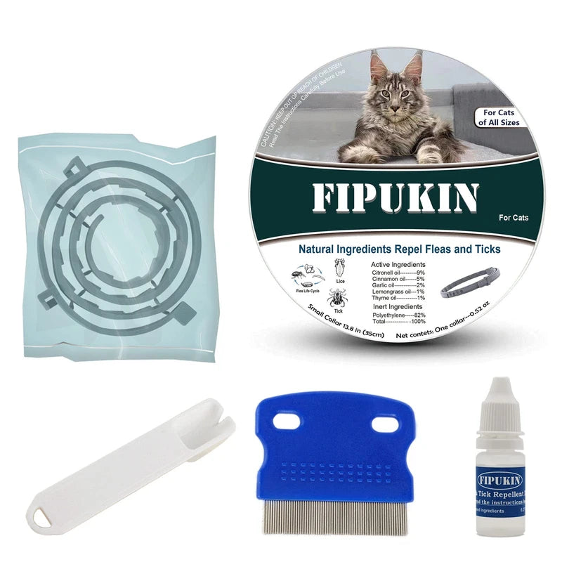 Fipukin Natural & Safe Flea and Tick Collar for Cats, 8 Months Protection, Waterproof, 13.8 inch, One Size Fits All, Free Comb and Tick Removal Tool, Prevention Treatment Drop, Charity! (1-Pack).