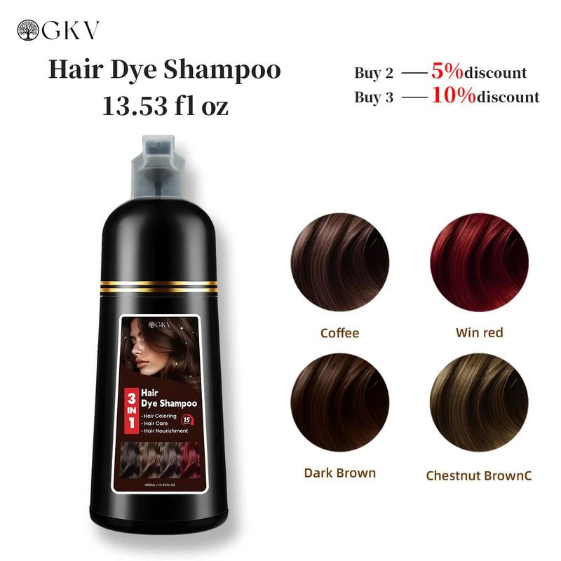 GKV 3 in 1 Hair Color Shampoo - Various Colors to Choose from, Herbal Ingredients Natural Shampoo, Botanical Hair Care, Black Hair Dye - Color: Chestnut Brown