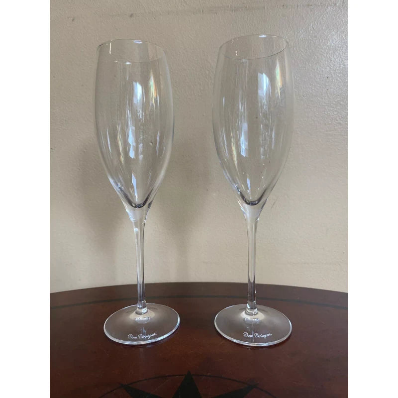 Dom Perignon Signed DOM PERIGNON Crystal Etched SHIELD LOGO 9 1/8" CHAMPAGNE FLUTES Set Of 2