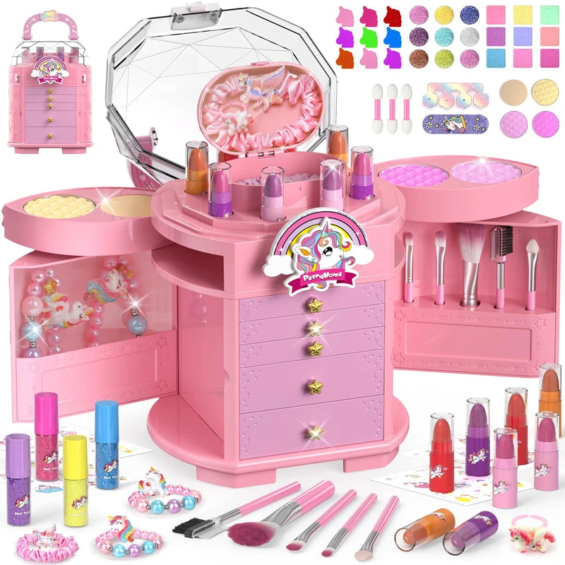 PERRYHOME Kids Makeup Set for Girl 63 Pcs Unicorn Toys for Girls, Real Washable Non-Toxic Cosmetic Toddler Make Up Kit, Unicorn Toys Princess Dress up Christmas & Birthday Girl Gifts for 3-12(Pink)