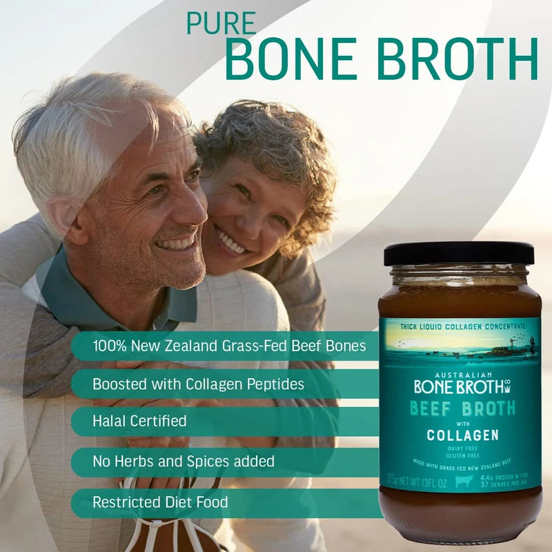 Beef Broth with Collagen Concentrate - Instant bone broth beverage boosted with grass-fed collagen. Halal Broth. Gluten Free, Preservative Free No spices or herbs. Halal Certified 375 gram Jar