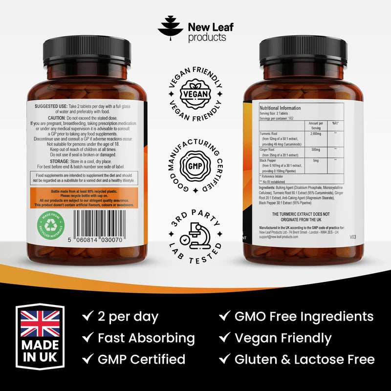 Turmeric Tablets 2600mg High Strength with Black Pepper & Ginger (6 Months Supply) Active 95% Turmeric Curcumin Supplements 365 Tablets Not Capsules, Vegan, UK Made by New Leaf