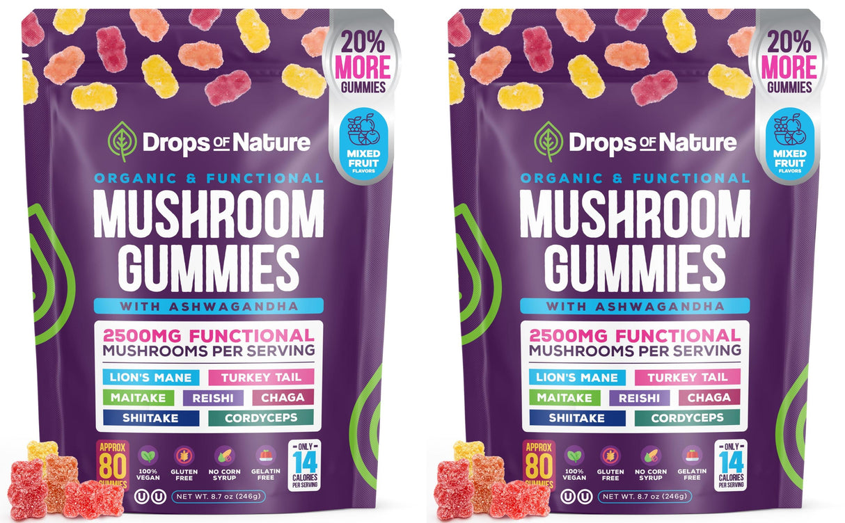2 Pack Ashwagandha and Lions Mane Mushroom Supplement Gummies - Organic - Reishi, Cordyceps, Turkey Tail, Maitake, Shitake, Chaga - Immune Defense, Boosts Cognitive Performance, Vegan, Low Carb