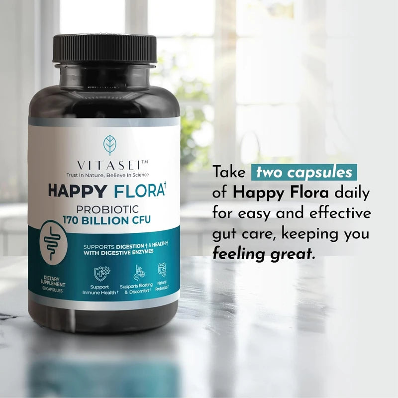 Happy Flora, Probiotic Supplement 170 Billion CFU for a Healthy Gut Health with enzymes for Digestion, probiotics for Women and Men, 1 Bottle - 60 Capsules