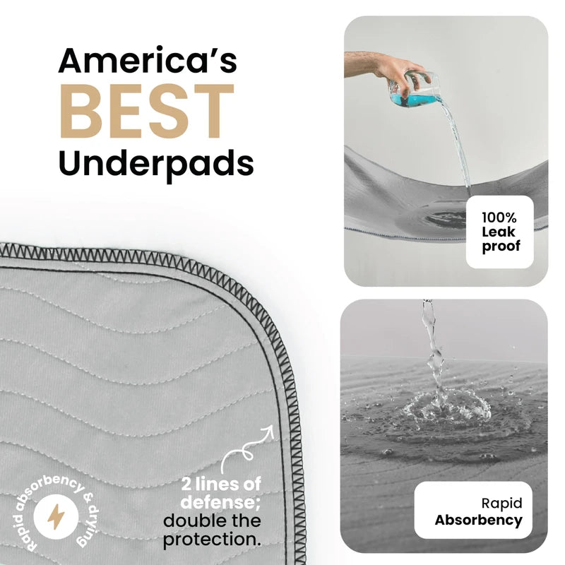 IMPROVIA® Washable Underpads, Heavy Absorbency Reusable Incontinence Pads for Kids, Adults, Elderly, and Pets - Waterproof Protection for Bed, Sofa, Furniture, Floor Gray & White (4 Pack - 18x24)