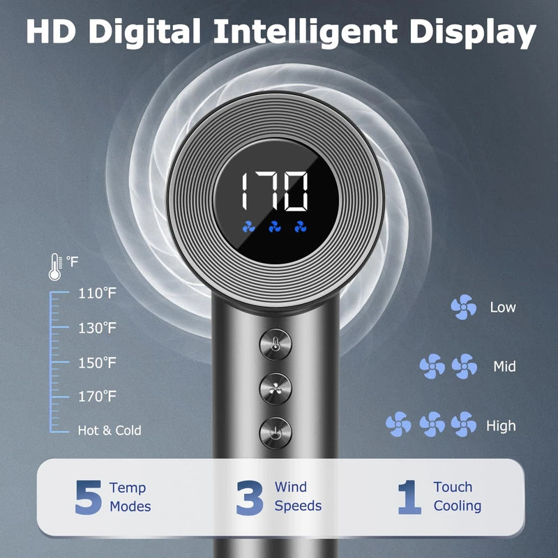 Hair Dryer, 110, 000 RPM High Speed Blow Dryer for Fast Drying, Negative Ionic Hair Dryer for Hair Care, HD Display, 360° Rotating Magnetic Nozzle, Low Noise Hair Dryer for Home and Travel