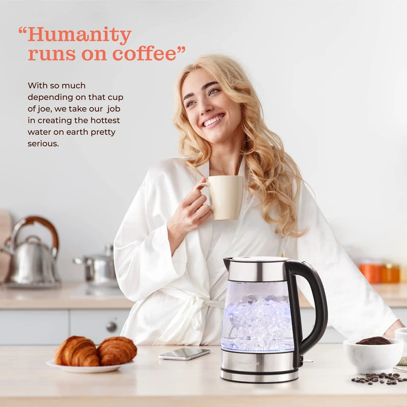 Speed-Boil Electric Kettle - 1.7L Water Boiler 1500W, Coffee & Tea Kettle Borosilicate Glass, Easy Clean Wide Opening, Auto Shut-Off, Cool Touch Handle, LED Light. 360° Rotation, Boil Dry Protection