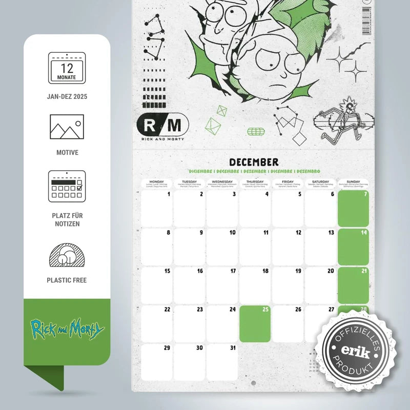 Grupo Erik Calendar 2025 Wall Calendar 2025 Rick and Morty Calendar 2025 Family Planner 30 x 30 cm Annual Calendar 12 Months