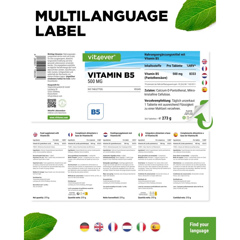 Vitamin B5-365 Tablets - 500 mg Pantothenic Acid - 1 Year Supply - High Dose - No Unwanted Additives - Vegan