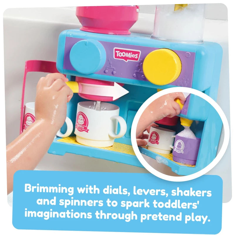 TOMY Toomies Bath Barista - Pretend Cafe Baby Bath Toys - Wall Mounted Bubble Bath Play Kitchen Toddler Toys - Kids Kitchen Set Includes 3 Cups, 1 Jug, 1 Shaker - +18 Months Boys Toys & Girls Toys
