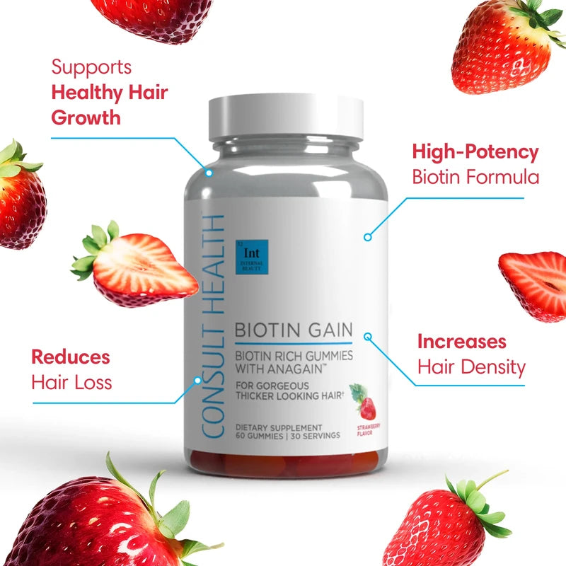 Consult Health BIOTIN GAIN- Biotin Rich Gummies with Patented ANAGAIN - for Gorgeous Thicker Looking Hair