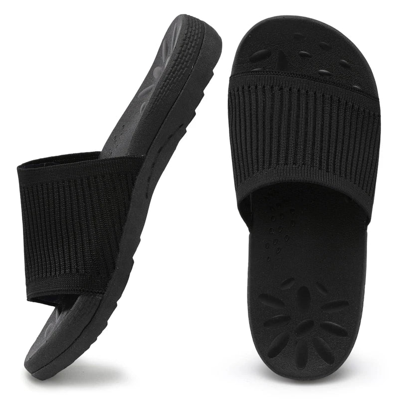 XIHALOOK Womens Knit Slides Ladies Yoga Mat Sandals Slip On Thick Cushion Slippers with Arch Support Casual Outdoor Indoor Walking Shoes Black, Size 8.5