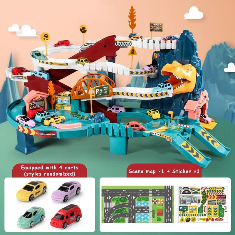 Dinosaur Hill Toy Car Ramp Track Playset with 4 Mini Racer Cars, Colorful Climbing Hills, and Railcar Track - Perfect Construction Gift for Preschool Kids Ages 3 and Up - Color: Dinosaur Rail Car Green