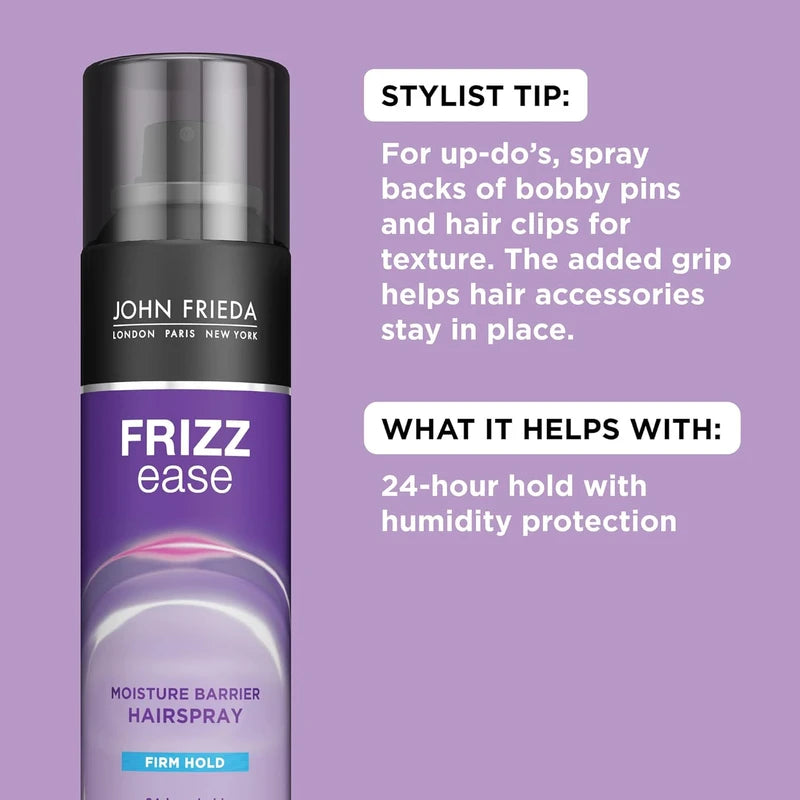 John Frieda Frizz Ease Moisture Barrier Hairspray, Firm Hold Hairspray, Seals Out Moisture with a Protective Barrier, Blocks Frizz, Protects Against Heat, Long-Lasting Hold, 2 Oz, Pack of 12
