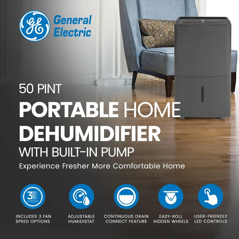 GE 50 Pint Portable Large Room Dehumidifier with Humidistat & Built-in Pump for Bathroom, Bedroom, Basement, and Home Wet Spaces, Gray (Renewed)
