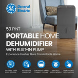 GE 50 Pint Portable Large Room Dehumidifier with Humidistat & Built-in Pump for Bathroom, Bedroom, Basement, and Home Wet Spaces, Gray (Renewed)