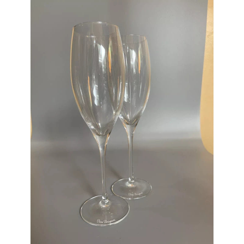 Dom Perignon Signed DOM PERIGNON Crystal Etched SHIELD LOGO 9 1/8" CHAMPAGNE FLUTES Set Of 2