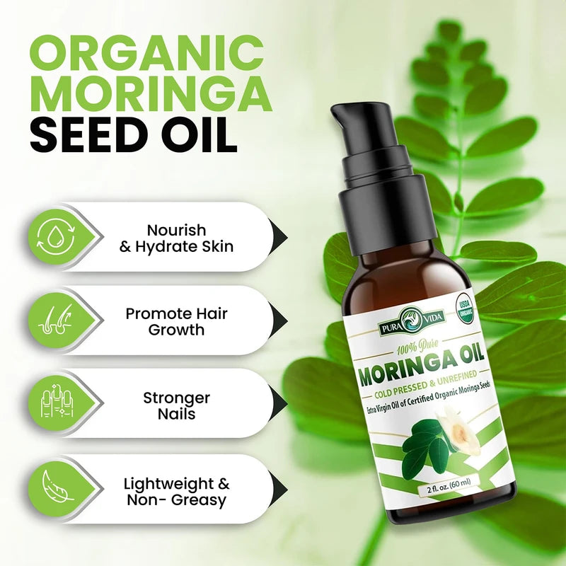 PURA VIDA MORINGA USDA Organic Moringa Seed Oil: 100% Pure, Cold Pressed, Unrefined Moringa Oleifera Seed Oil. 2 oz Bottle with Treatment Pump. For Skin and Hair - Food Grade for Oral Consumption