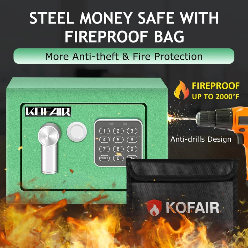 KOFAIR Safe with Fireproof Bag, Personal Mini Digital Money Lock Box (Green) - 0.23 Cubic Feet